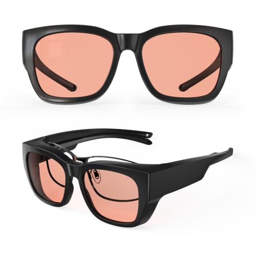 Goiteia Migraine Glasses Over Glasses, FL-Rose Migraine Glasses for Light Sensitivity, Pink Migraine Relief Glasses for Fluorescent Light & Office LED, Dual AR Coating