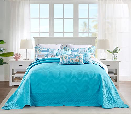 Image of HZ & HY Coastal Oversized King Bedspread, Reversible Beach Pattern Quilt Set King /Cal King, Lightweight Coverlet, Scalloped Edge - Coral Reef Coastal Look, 6 Piece, Coral
