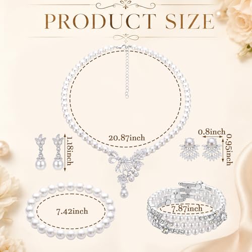 Image of Glenmal Pearl Rhinestone Jewelry Set for Women Pearl Necklace Bracelet Earrings for Wedding Halloween Bridal Shower Tea Party