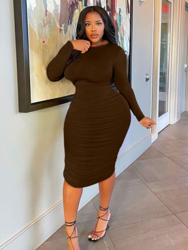BEAGIMEG Women's Ruched Long Sleeve Elegant Bodycon Basic Casual Midi Dress2