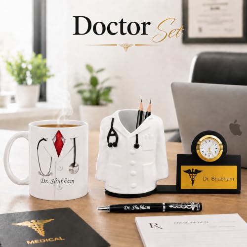 Image of SAVRI Personalized Doctor's Desk Set: Pen, Fiber Pen Stand with Watch & Ceramic Mug - Gift for Family & Friends - Customized with Doctor's Name - Ideal Gift for Doctors & Surgeons