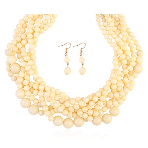 MYS Collection Braided Chunky Cluster Bead Bubble Statement Necklace - Multi Strand Twisted Colorful Twisted Ball Hammock Bib Collar Acrylic, Sparkly Crystal (Twisted Bauble - Natural)