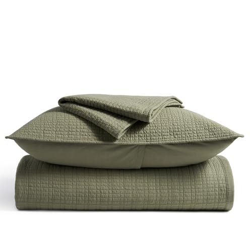 EverGrace 100% Cotton Modern Grid Stitch Quilt Set, King Size, Olive Green by EverGrace - Used condition - Image 9