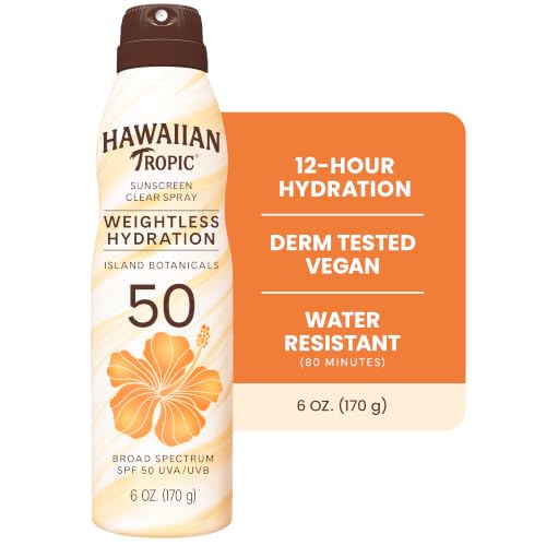 Image of Hawaiian Tropic Weightless Hydration SPF 50 Sunscreen Spray, 6 Oz | Clear body sunscreen, Lightweight texture, Water resistant sunblock, Continuous spray application, 12 hour hydration