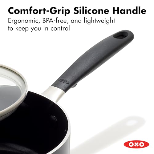 Image of OXO 1.6QT Non-Stick Every Day Sauce Pan with Glass Lid, BPA-Free Comfort Grip Silicone Handle, Dishwasher & Oven Safe, PFAS-Free Ceramic Skillets, Sauce & Soup Chef Pot, Drip-Free, Black