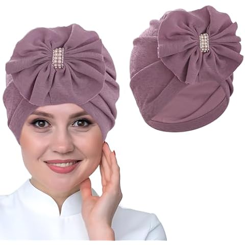 Bohend Flower Turbans Cap Rhinestone Pearl Knot Headwarp Beanie Pre Tied Head Cover Bonnet Women Muslim Pleated Headscarf Hat (US, Alpha, One Size, Purple) Cover