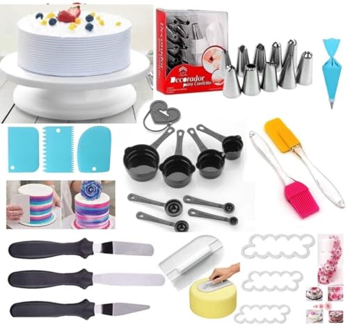 Image of Cake Decorating Kit,Cake Turntable Stand, 12 Icing Nozzles, Spatula Set, Cake Scraper, Measuring Cups & Spoons, Smoother, Baking Tools for Home Bakers & Beginners