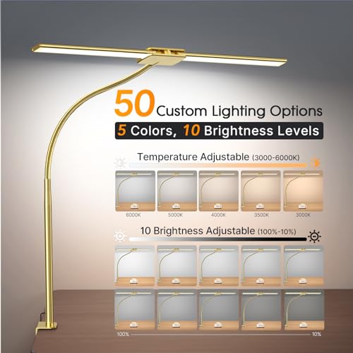 Image of Syrinx LED Desk Lamp for Office Home, Dual Head Eye-Care Architect Table Lamp, Gesture /Wired Control, Flexible Neck, Bright Desk Light with Memory /Timer, 50 Lighting Modes for Study, Drafting, Gold