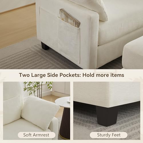 Image of WUTUTUEE 57.5 inch Oversized Chaise Lounge with Ottoman Indoor, White Reading Chair with Ottoman & Sofa Bed, Chenille Upholstered Comfy Sleeper Chair for Living Room, Bedroom, Office
