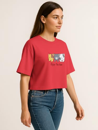 Image of HELLCAT Beige Printed Loose Fit Crew-Neck Crop T-Shirt for Women