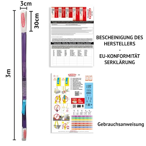 PONSA - Hebeband - Hochwertiger Hebegurt aus Polyester mit Patentiertes System PONSAGARD, mit Abrieb - und Schnittschutz - Sicher Rundschlinge - EN 1492-1 (1000 kg / 1 Tonne / 3 Meter (Pack 2 STK.))