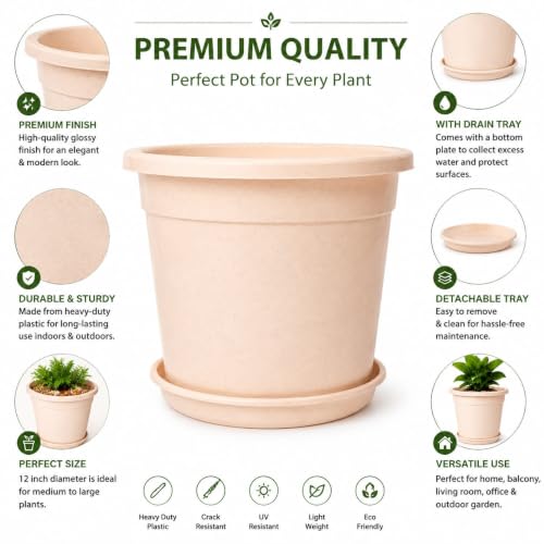 Image of 12 Inch Glossy Plastic Planter with Bottom Plate | Heavy Duty Flower Pot with Tray for Indoor Home Decor, Balcony, Living Room & Outdoor Garden (3 Pot, Blush Pink Sparkle)
