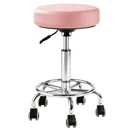 Image of Rolling Stool with Wheels - 500lbs,Thick 9.5cm Cushion, Height Adjustable | PU leather|Swivel silent rubber casters|Foot pedal ring|space-saving|For Drafting salon tattoo clinic garage home office