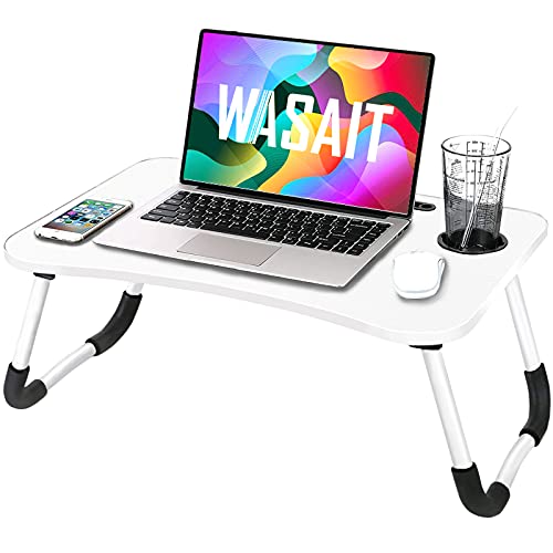 Laptop Desk, Astory Portable Laptop Bed Tray Table Notebook Stand Reading Holder with Foldable Legs & Cup Slot for Eating Breakfast, Reading Book, Watching Movie on Bed Couch Sofa (White with Cup)