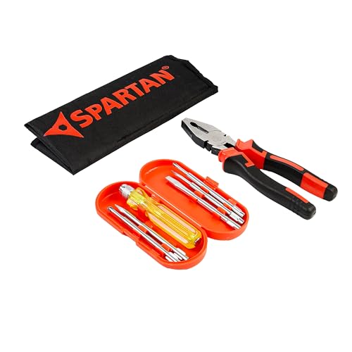 Image of Spartan Combination Plier 8-inch With 5-Piece Screwdriver Set | Heavy-Duty Hand Tool Combo for Home & Professional Use | Bending, Holding, Cutting, Pulling & Repairs | Carry Case Included