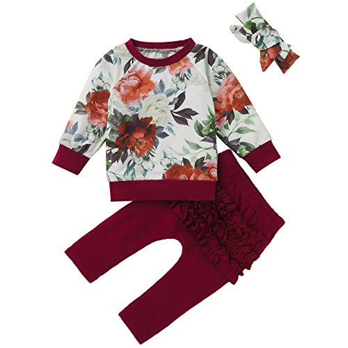 Infant Baby Girl Clothes Cute Sweatshirt Set Rainbow Rose Printed Sweatsuit+Ruffle Sweatpants Fall Winter Outfit Set (Red, 6-12 Months)