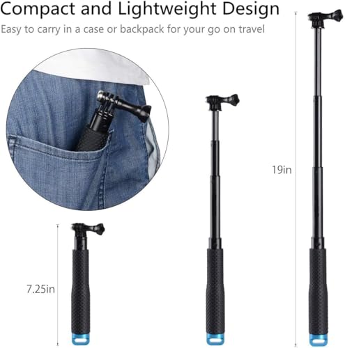 Action Pro 19'' Waterproof Hand Grip Adjustable Extension Selfie Stick Handheld Monopod with Phone Holder Compatible with GoPro-13/12/11/10/9/8/7/6/5/SJCAM/Xiaomi/YI and All Smart Phones
