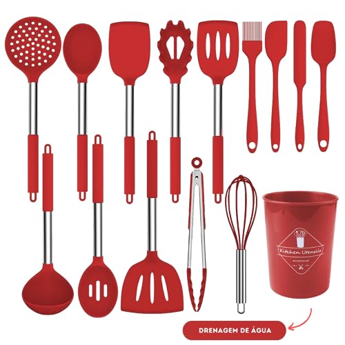 Kit 15 Utensílios De Cozinha Com Cabo De Inox e Silicone Premium (Vermelho)