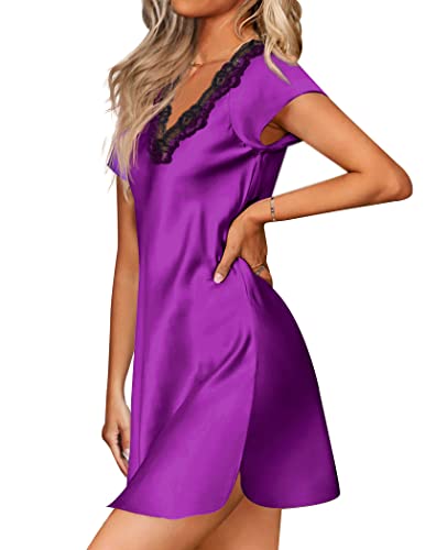 Image of Ekouaer Satin Nightgowns for Women Lace Nightgown Short Sleeve Nightshirt | Satin Night Gowns Women Sexy, Short Sleeves Night Dress, Lace V Neck, Above Knee Length, Cocktail Dates,Bridal Nightgowns
