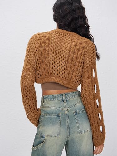 CIDER Cropped Sweaters for Women Knit Round Neckline Hollow Out Long Sleeve Crop Top Sweaters4