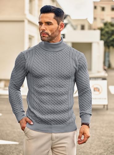Pull d'hiver homme coupe ajustée col roulé gris uni taille XXL