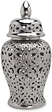 ROBMET Porcelain Ginger Jar for Home Decor, Decorative Jar Vase Ceramic Temple Jar with Lid, Chinese Carved Lattice Vase Gift Jars from Jindezhen (Color : Silver, Size : Large)