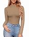 MANGOPOP Women's Long Sleeve Body Suits Zip Up Mock Turtle Neck Bodysuit Sexy Deep V Going Out Tops Shirts, Mocha, Medium