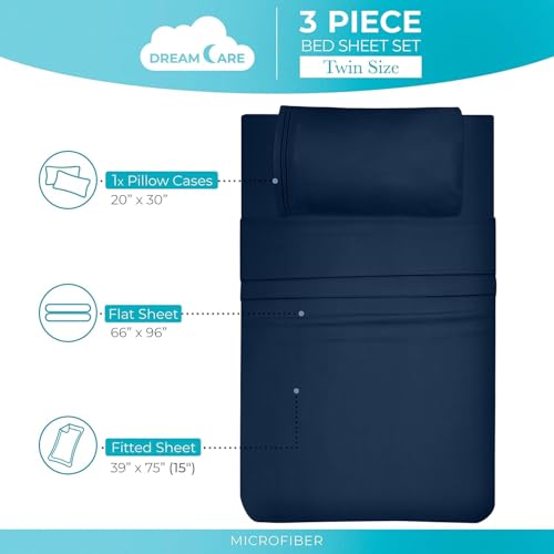 Image of DREAMCARE Twin XL Sheet Sets - 3 pcs Breathable Cooling Sheets - up to 15 inch Deep Pocket Twin XL Sheets Set with Side Pockets - Extra Soft 100% Brushed Hypoallergenic Hotel Luxury Bedding - Navy Blue