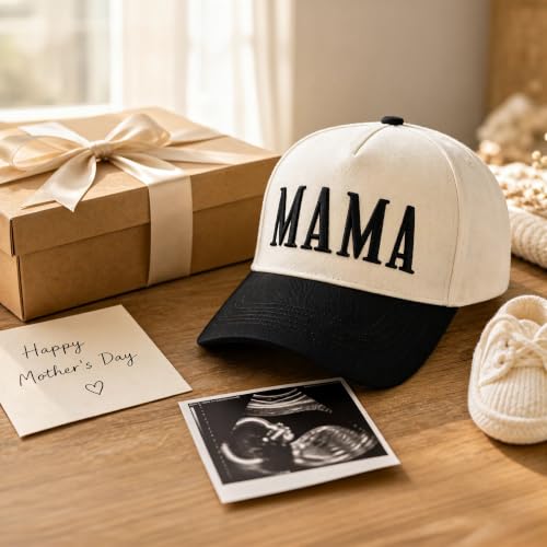 Image of Women's Mama Trucker Hat Trendy, Embroidered Adjustable Mom Baseball Cap, Two-Tone Ponytail Hat for Outfits