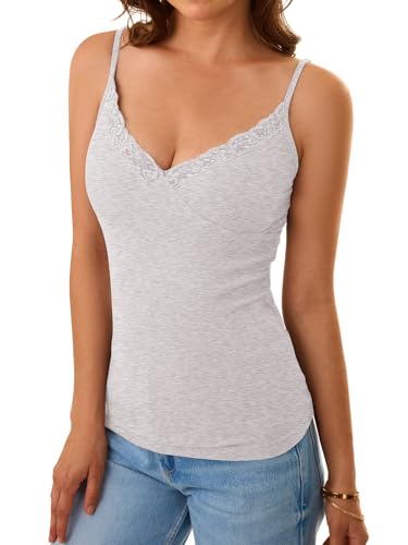 GKBK Women's Lace Tank Tops Ribbed V-Neck Adjustable Spaghetti Strap Sleeveless Y2K Summer Basic Camisole 2026 Light Gray L — view 4