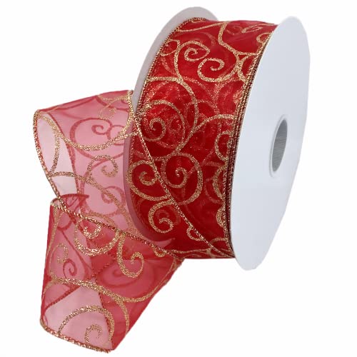 Morex 2.5" Wired Glitter Ribbon, Red/Gold