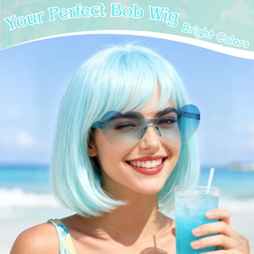 Image of PLULON Blue Ombre Bob Wig with Heart Sunglasses and Hair Cap for Women Men, Colorful Short Funny Bob Wigs with Bangs Colored Cosplay Hairpieces for Halloween Costume Neon Bachelorette Party