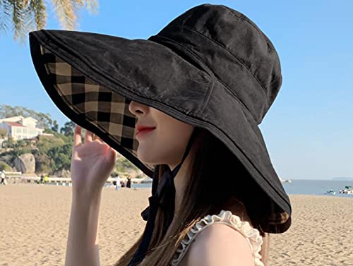 Ruinuo Womens Plaid Bucket Hats Wide Brim Sun Hat Double Sided Windproof Summer Beach Hats For Fishing Hiking Travel Golf Black #TOP2