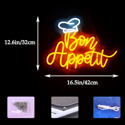 Image of Bon Appetit with Chef's hat LED Sign Gold Letters Neon Light Signs for Restaurant French Style Neon Dimmable LED inch16.5x12.6 inch Hanging Dinning Room Cooking Kitchen Wall Art Decor
