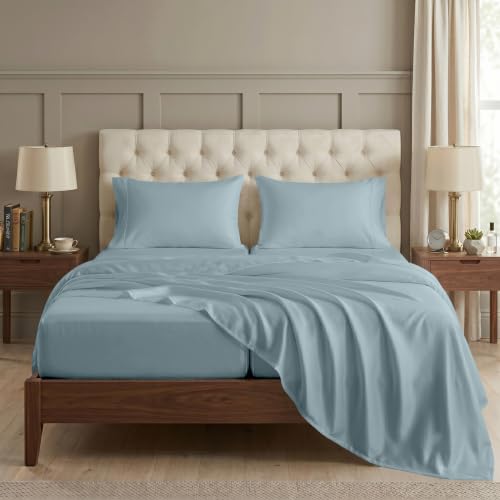 Image of LANE LINEN California King Split Sheets for Adjustable Bed - French Blue | Split King Top Split Sheets Adjustable Bed - 5-Piece Set, 16 inch Deep-Pocket Snug Fit, 1000 Thread Count, Luxe Sheen