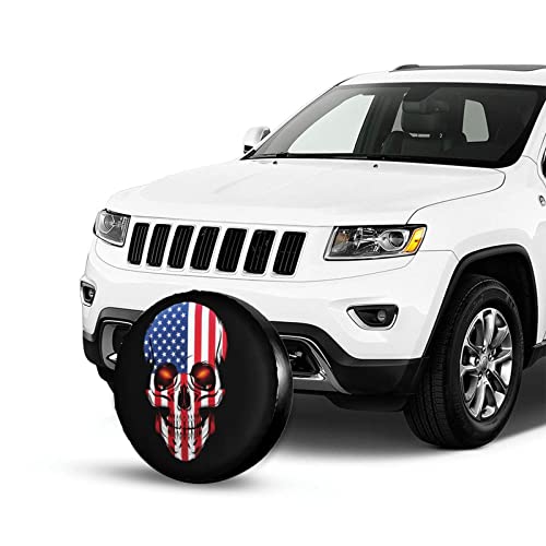 Image of American Flag Skull Patriotic Spare Tire Cover,Universal Wheel Tire Cover for Trailer, RV, SUV, Truck,Camper and Many Vehicle,Weatherproof Tire Protectors（15 inch for Diameter 27 inch-29 inch）