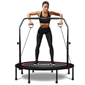 RAVS Mini Trampoline for Kids Adults 40″/48″ Foldable Fitness Rebounder Kids Trampoline with 5 Levels Height Adjustable Handle Resistance Bands Indoor Workout Max Load 350lbs-450lbs