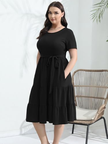 Plus Size Elegant Floral Dresses for Women 2025 Midi Tiered Flowy Belted Modest Wedding Guest Dress with Pockets3