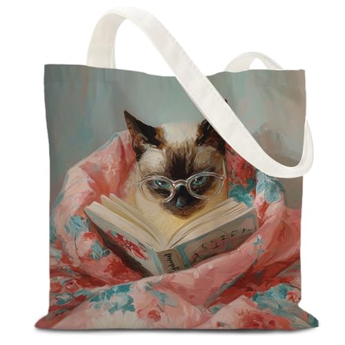 LZYRF Siamese Cat Reading Tote Bag, Siamese Cat Gifts Canvas