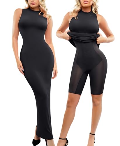 Popilush Mock Neck Sleeveless Shapewear Maxi Dresses for Women - image 1