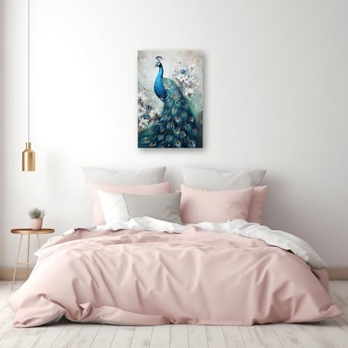 Cxhostent Elegance Peacock Canvas Wall Art Animal Painting Print Vintage Blue Peacock And White Floral Picture Artwork Decor Frame thumb #4