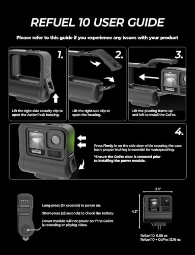 Image of Re-Fuel 9 Hour Action Pack Extended Battery for GoPro Hero 13 12 11 10 9 Black, Waterproof 33ft Dustproof Rechargeable Power Bank (6 Hours 4K Recording) Pass Through Power, All Weather Backup Battery