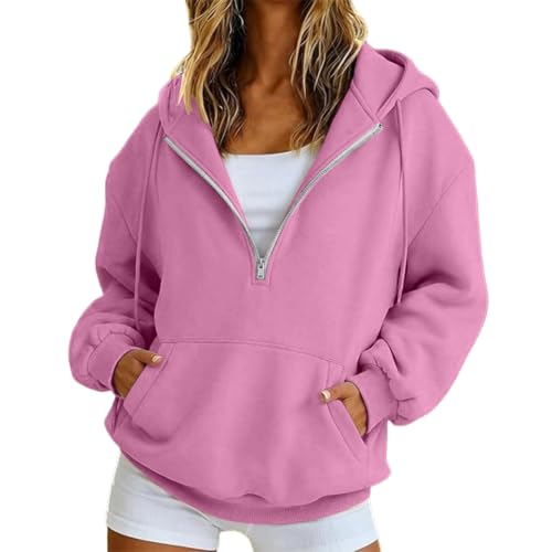 Image of Half Zip Up Hoodie Women UK 1/4 Zipper Athletic Gym Oversized Hooded Sweatshirts Casual Fall Pullover Tops Long Sleeve Loose Fit Solid 2026 Trendy Y2k Clothes with Pockets, Pink, XL