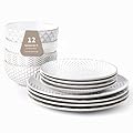 FOBENTA 12 Piece Embossed Dinnerware Sets for 4, Elegant Plates and Bowls Sets, Microwave & Dishwasher Safe, Stoneware for Stylish Home Dining–Perfect Housewarming Gift for Busy Families & Hostesses