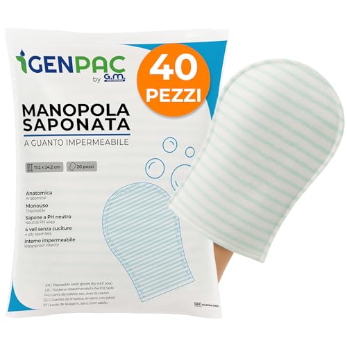 G.M. DISTRIBUZIONE Lot de 40 poignées savonnées jetables sans rinçage, intérieur imperméable, éponge délicate pour hygiène corporelle et soins...