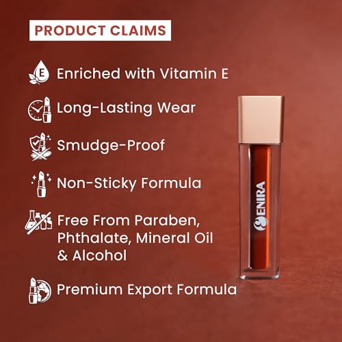 Image of ENIRA Blood Red Liquid Lipstick for Women | 4ml | Matte Liquid Lipstick | Waterproof | Transfer Proof | Smudge Proof | Long Lasting | Highly Pigmented | Vitamin E | Lightweight Non-Sticky Formula