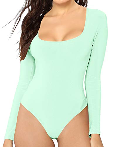 MANGDIUP Damen U-Ausschnitt Kurzarm Langarm Basic Bodys Jumpsuits, Mintgrün, M Cover