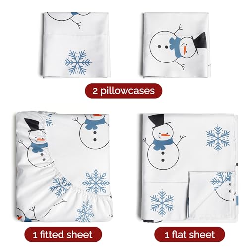 Full Christmas Snowman Sheet Set - Holiday Xmas Pattern Bedding Set - Deep Pockets - Snug Fit - 4 Piece - Wrinkle Free - Comfy & Cooling Festive Winter - Holiday Sheets for Women, Men, Kids & Teens
