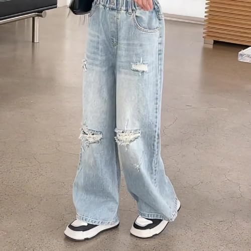 Girls Ripped Jeans Straight Leg Baggy Button Denim Pants Elastic Waist Trousers Trendy Casual Streetwear with Pockets3
