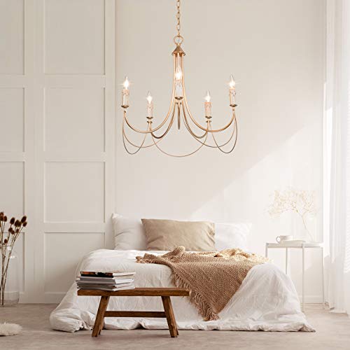 Classy Leaves Gold French Country Chandeliers For Dining Rooms, 5-Light Modern Pendant Light Fixtures With Elegant Arms For Bedroom, Living Room, D 23.5" X H 22" #TOP4